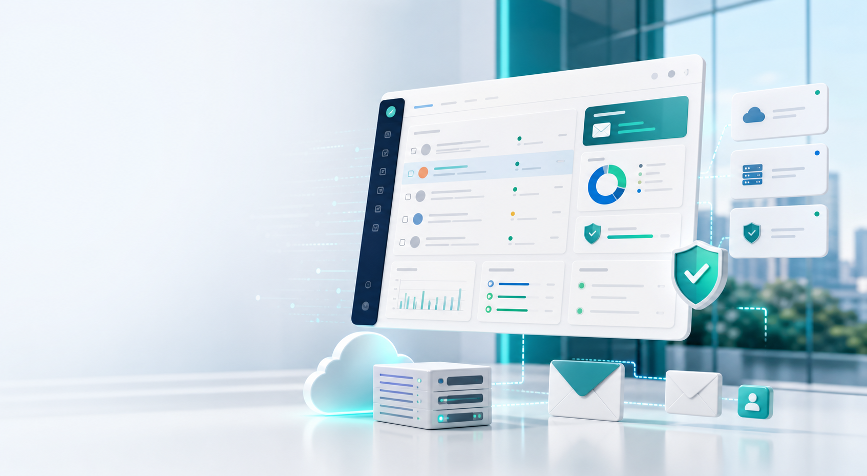 Panel visual de Mail360 con correo, seguridad y provisioning